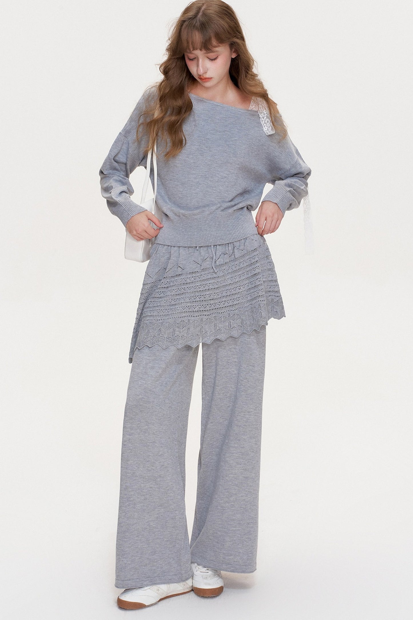 Wool Blend Off-Shoulder Lace Bow Knit Sweater and Pants Set-Up