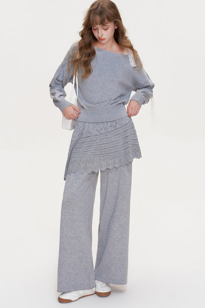 Wool Blend Off-Shoulder Lace Bow Knit Sweater and Pants Set-Up