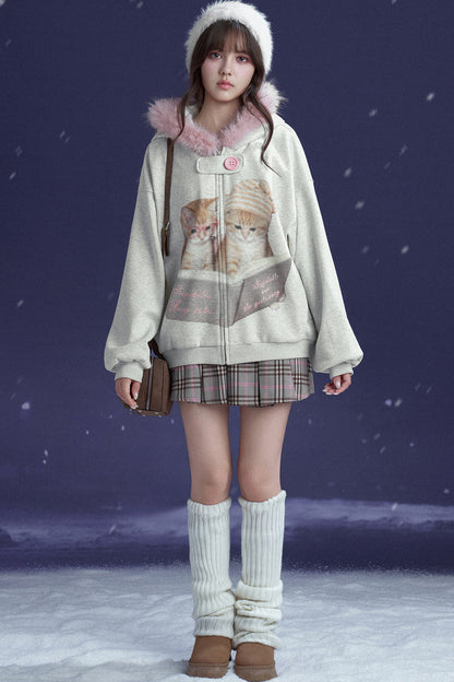 Retro-Kapuzenjacke mit grauem und rosafarbenem Katzenprint