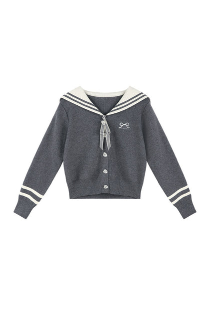 Bow Sailor Collar Knit Cardigan Set-Up