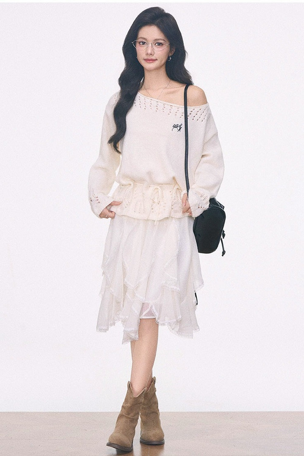 Off-Shoulder Lace-Up Sweater And Ruffled Skirt Set-Up