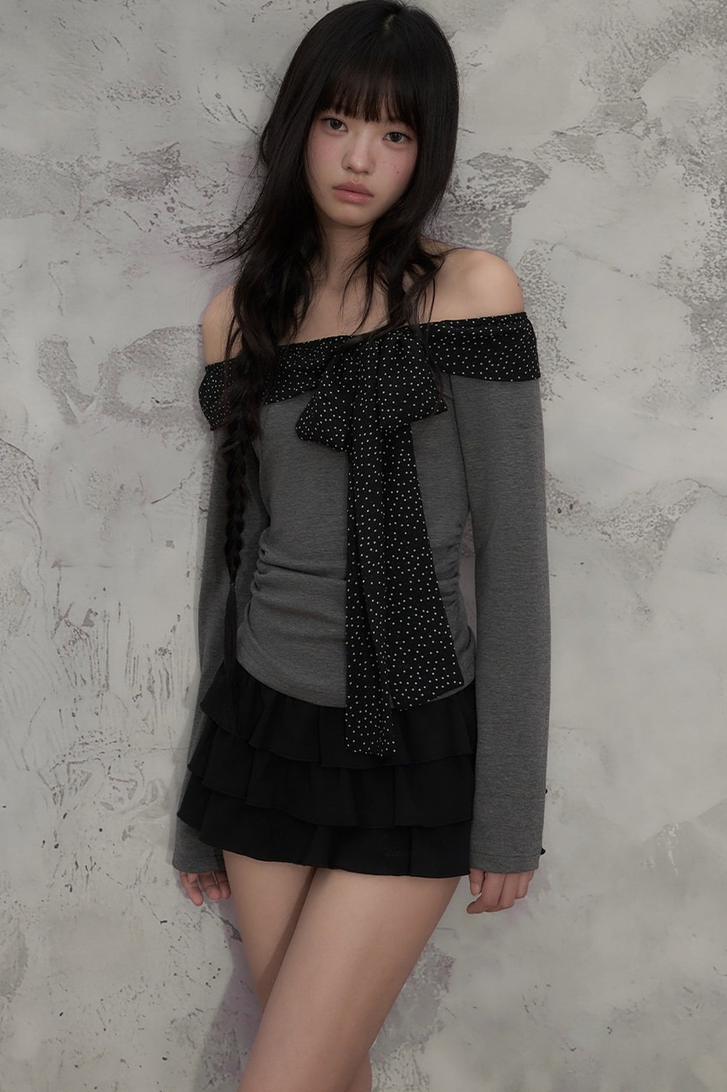 Polka Dot Off-Shoulder Ribbon Tie Top and Skirt Set