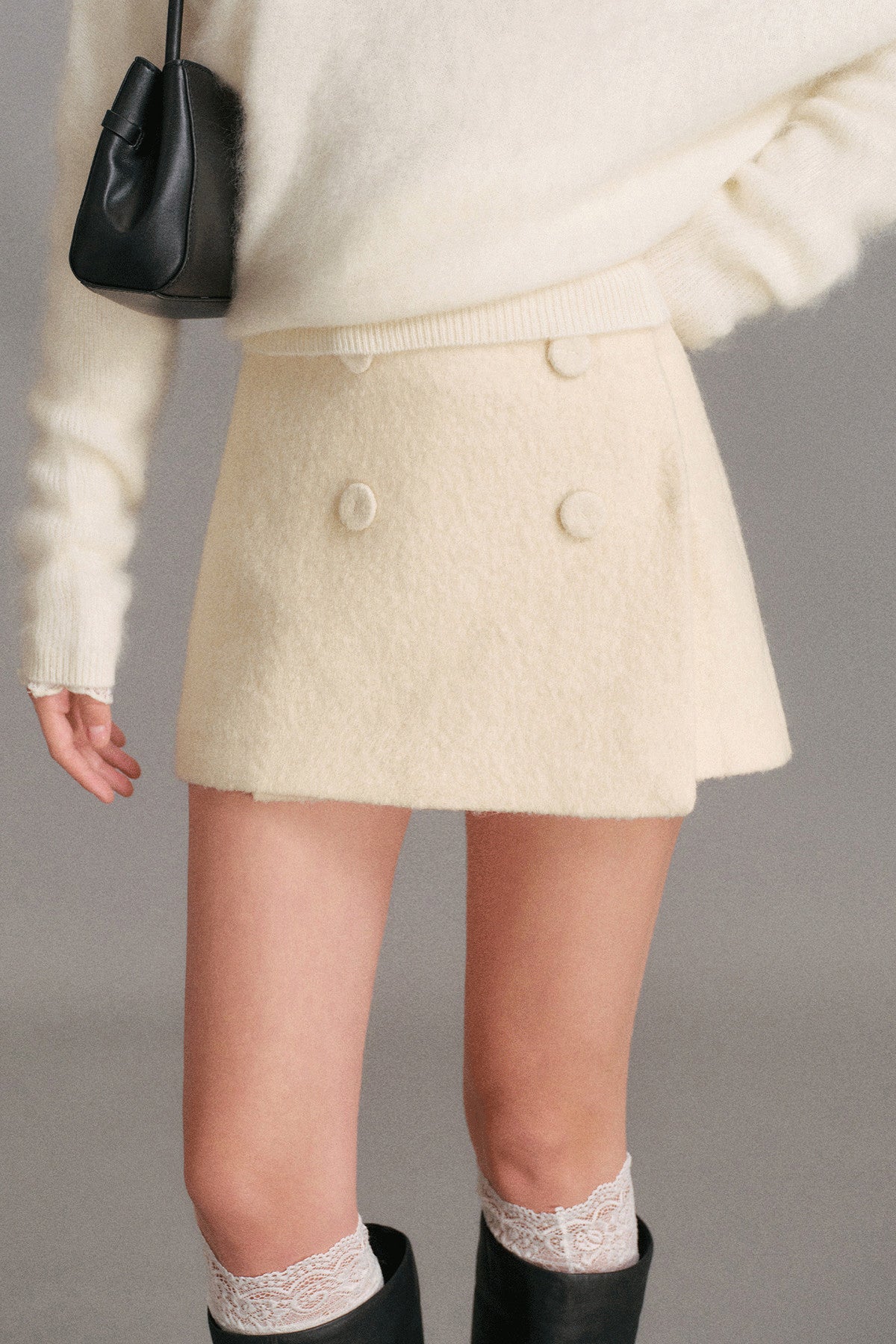 Wool Blend Double-Breasted Asymmetrical Skirt