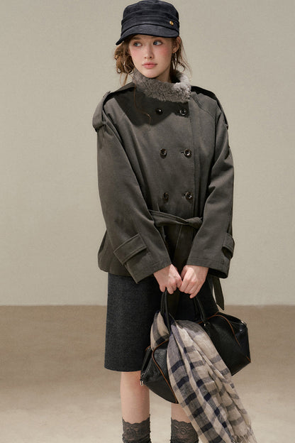 Gray Green Fur Collar Quilted Jacket
