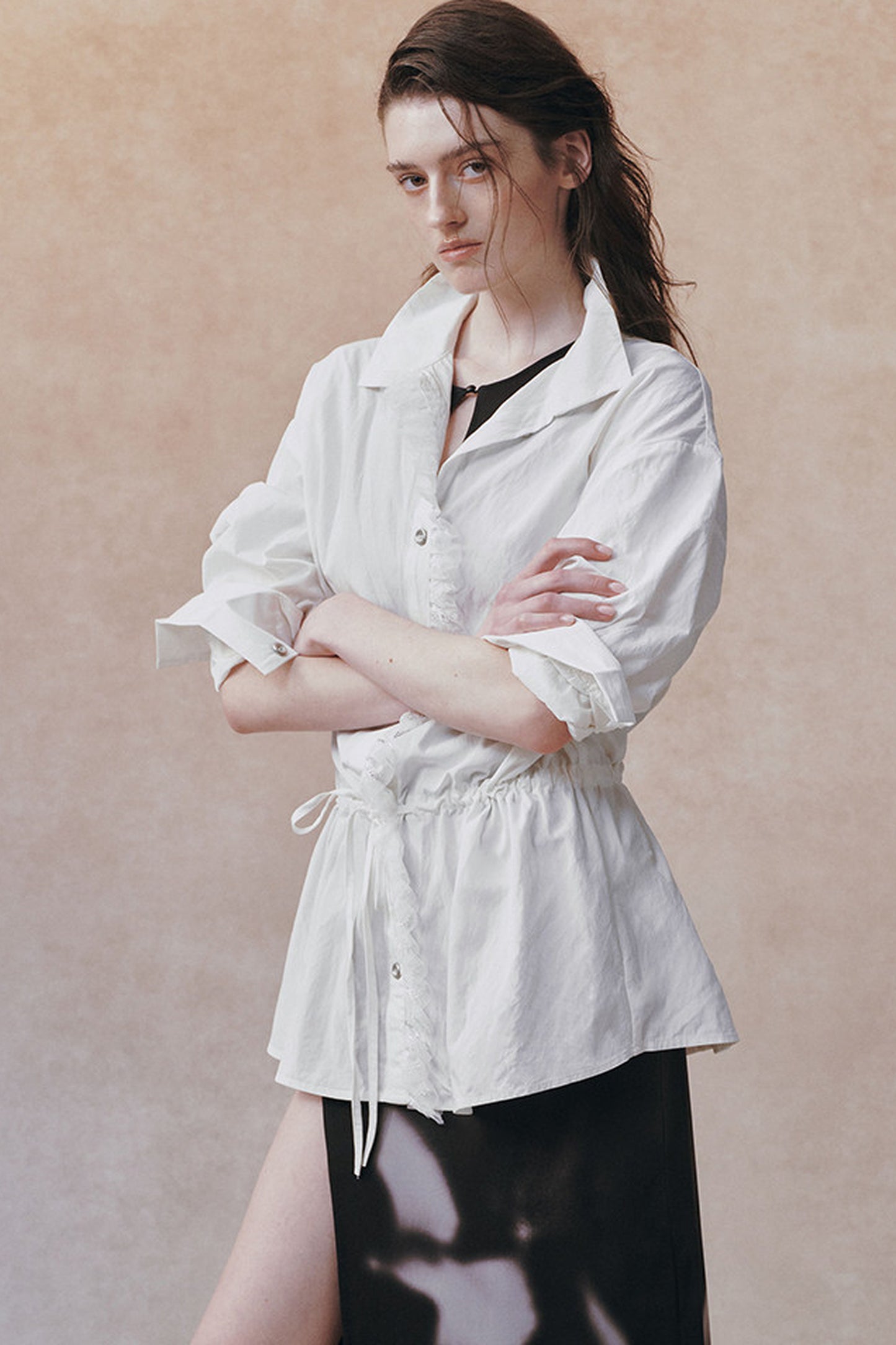 Oversized Crinkled Lace Drawstring Shirt