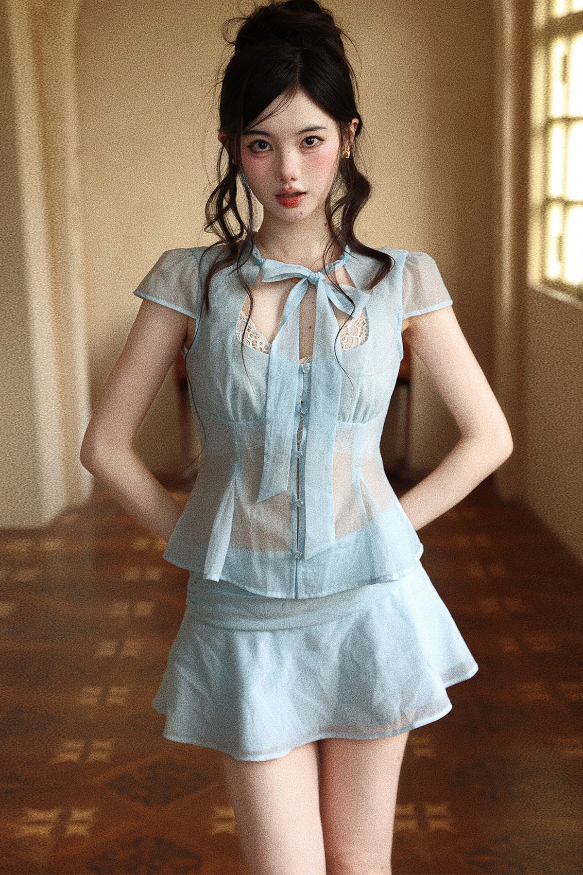 Light Blue Double Layer Chiffon Ruffle Skirt