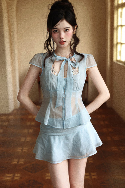 Light Blue Double Layer Chiffon Ruffle Skirt
