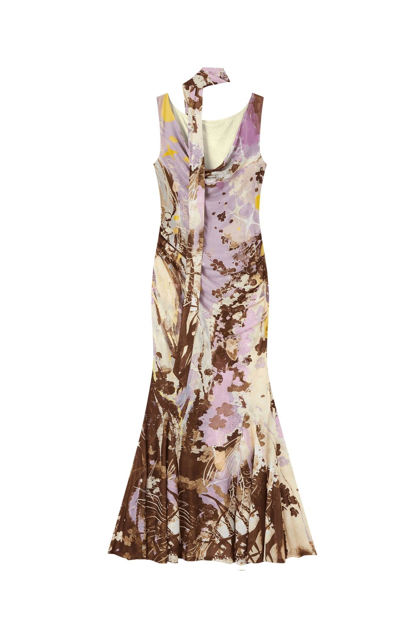 Hand-Painted Mesh Asymmetric Shoulder Dress