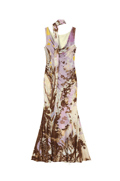 Hand-Painted Mesh Asymmetric Shoulder Dress