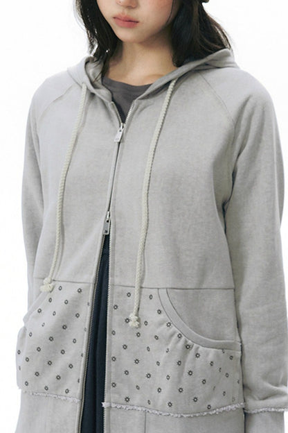 Distressed Floral Print Hooded Open Front Jacket
