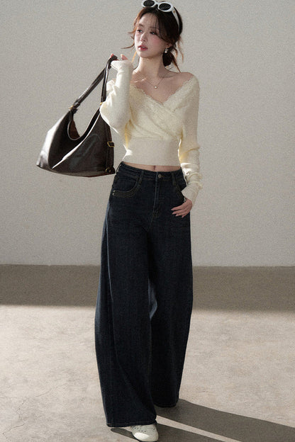 V-Neck Hollow Knit Top and Jeans Set-Up