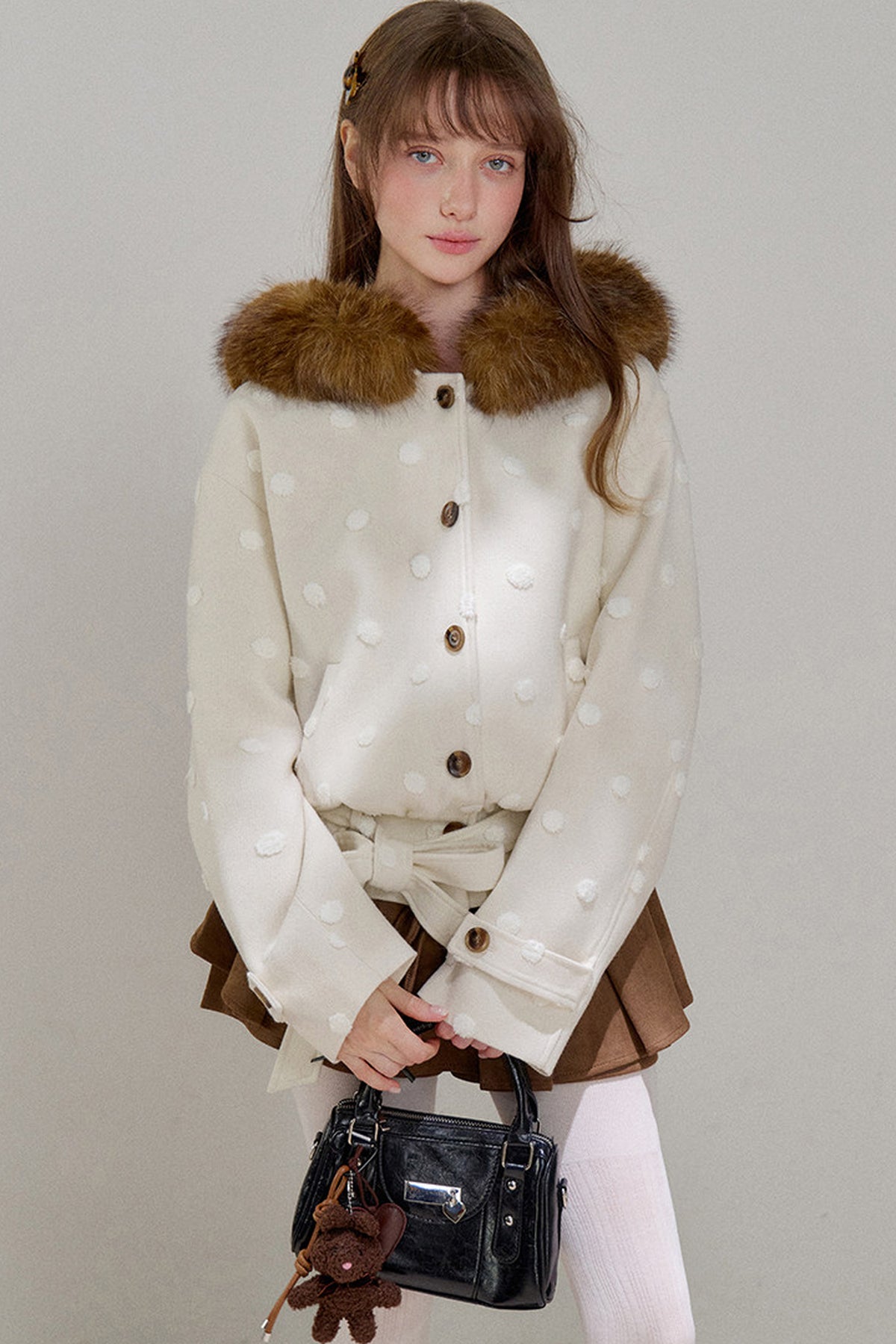 Petite Polka Dot Hooded Fur Coat