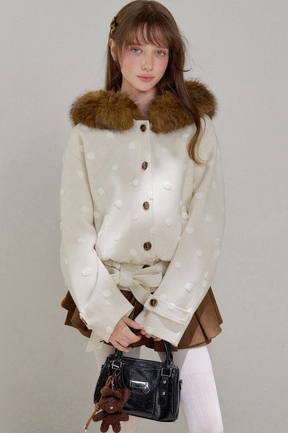 Petite Polka Dot Hooded Fur Coat