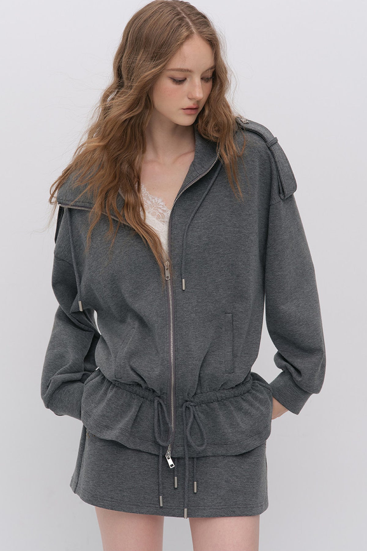 Silhouette Drawstring Hoodie and Studded Skirt Set-Up