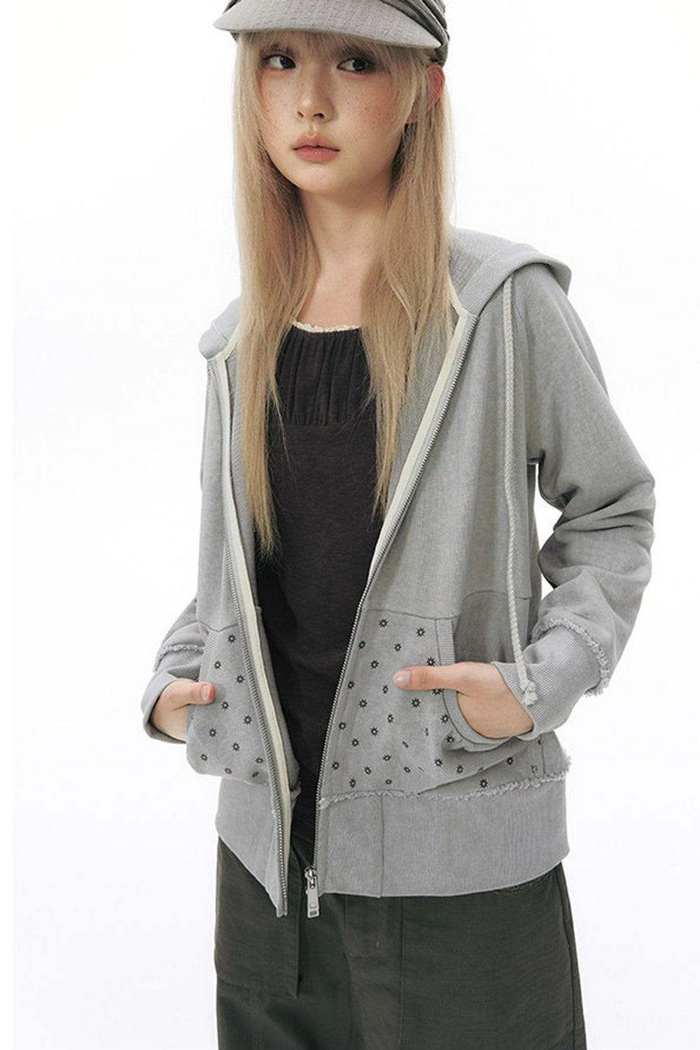 Distressed Floral Print Hooded Open Front Jacket