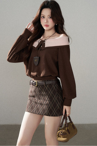 High-Waisted Woolen Plaid Skirt