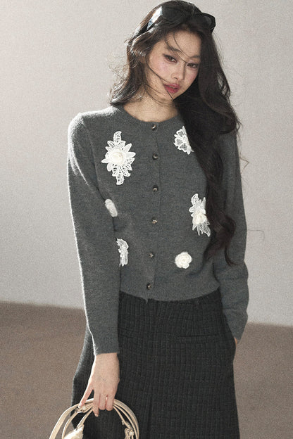 Three-Dimensional Floral Knit Sweater Cardigan