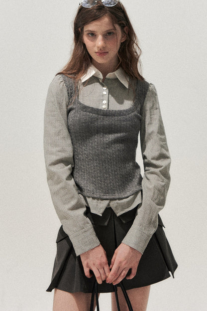 Spliced Twist-Knit Vest with Shirt Set