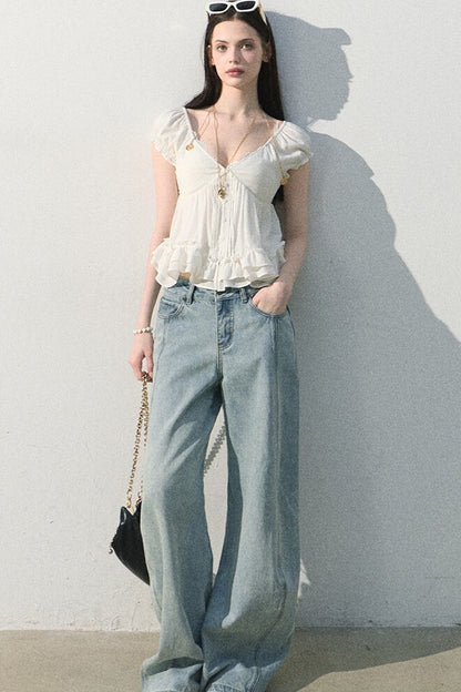 Pantaloni vintage in cotone effetto consumato a gamba larga