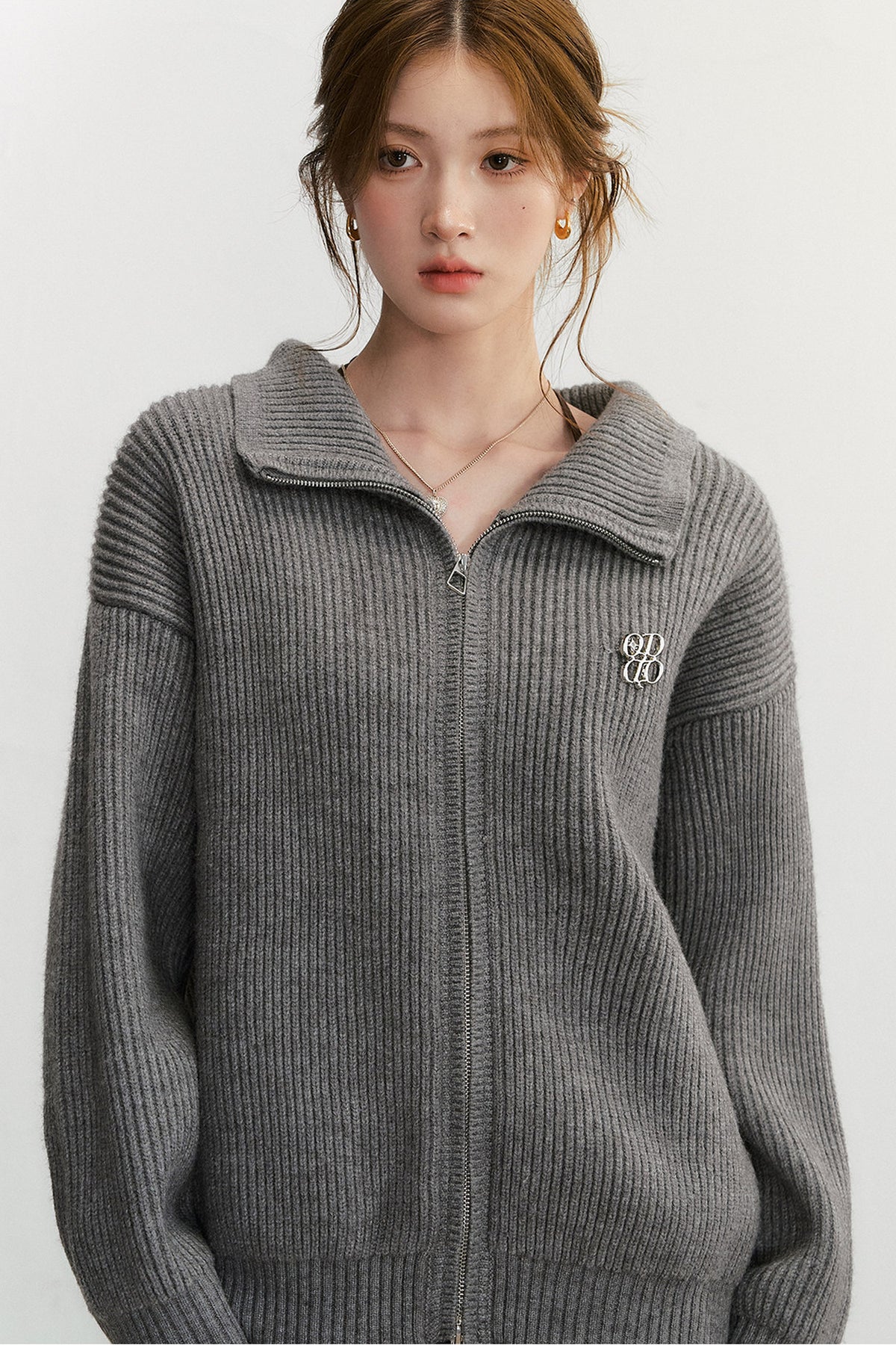 Grey Textured Zipper Knit Jacket