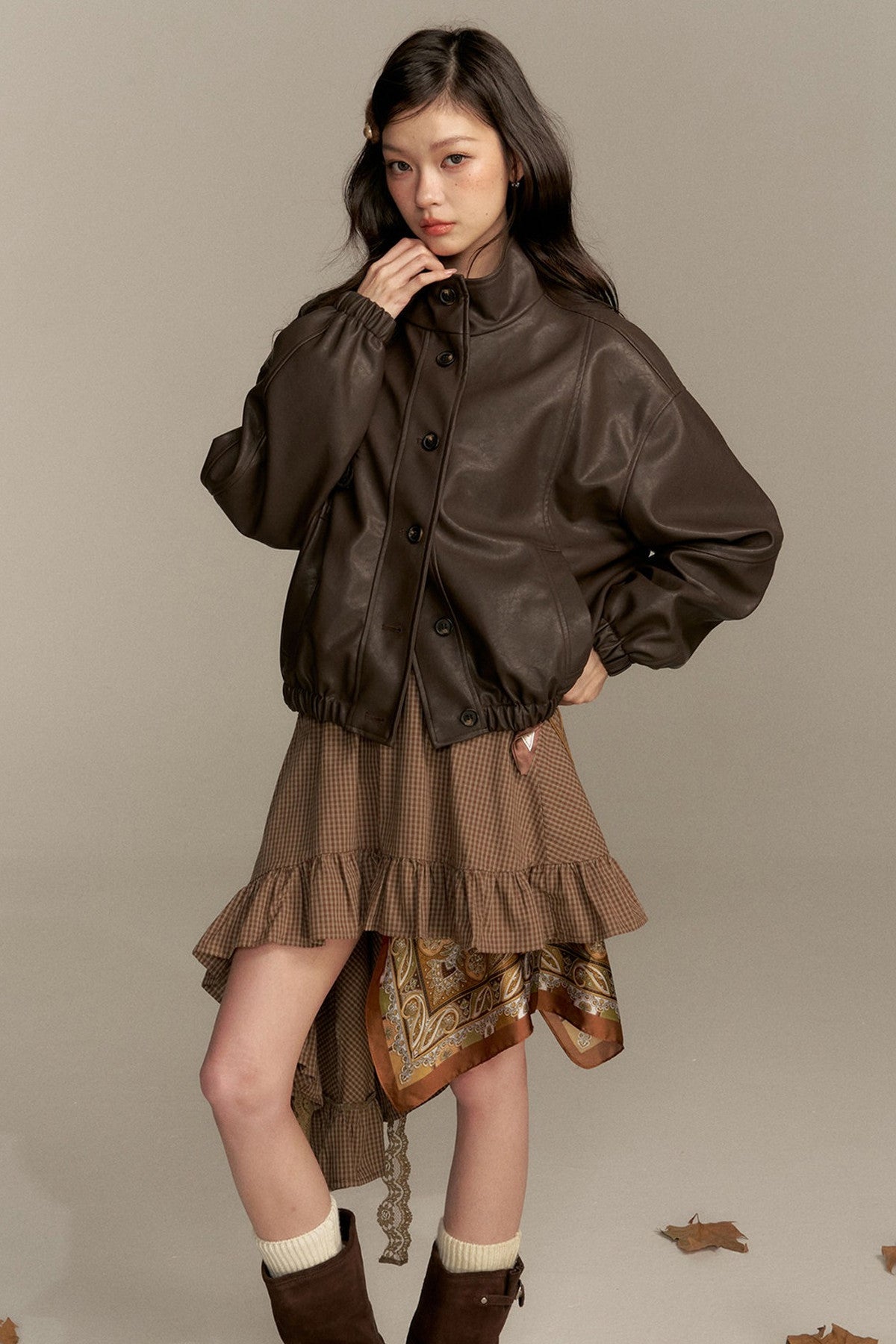 Barn Style Stand Collar Short Leather Jacket