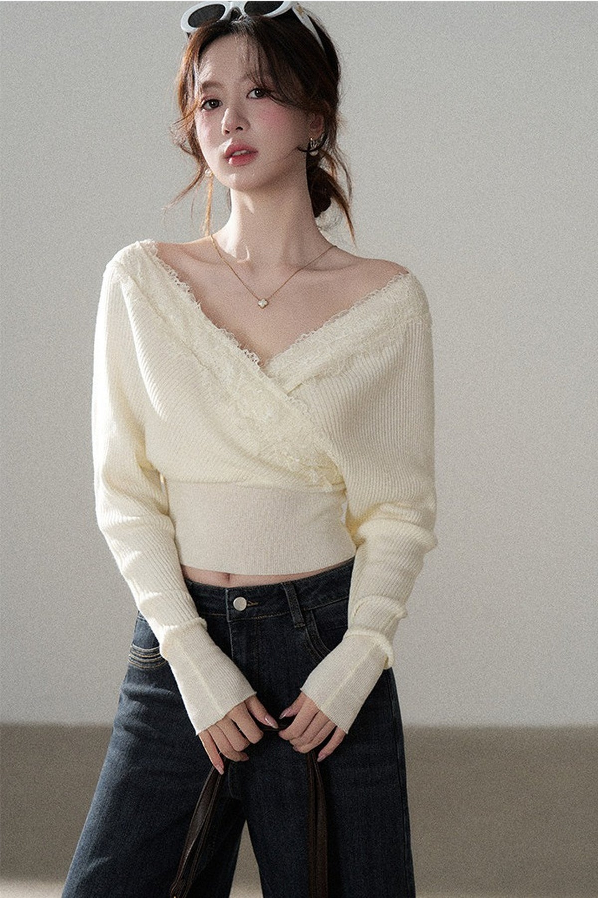 V-Neck Hollow Knit Top and Jeans Set-Up