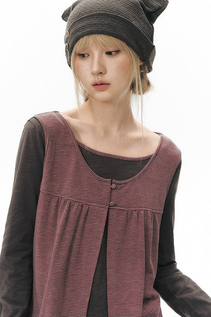 Striped Knit Patchwork Long-Sleeve Top