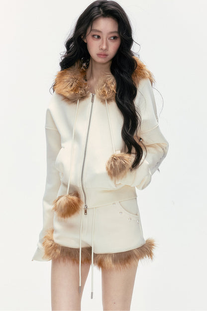 Studded Embroidered Detachable Fur Collar Sweatshirt And Shorts Set-Up