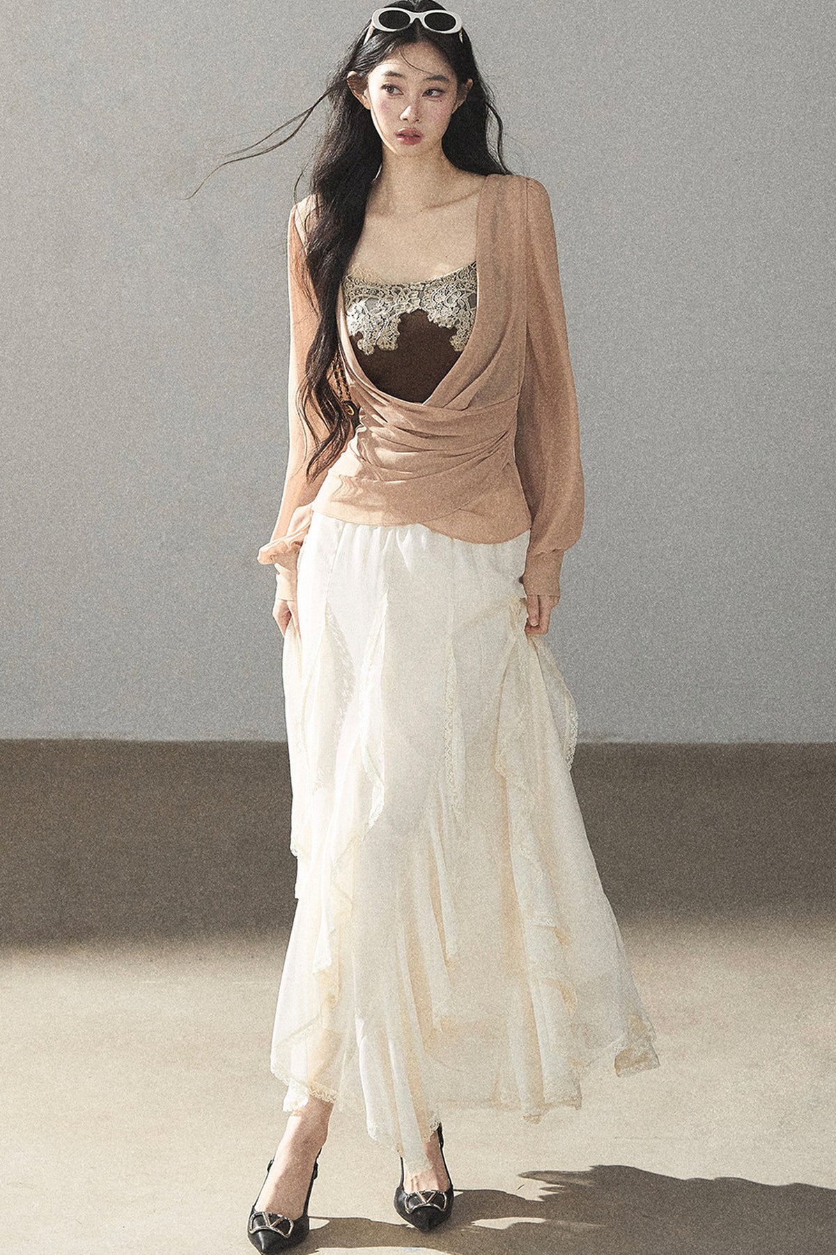 Semi-Sheer Ruffled Chiffon Blouse and Cami Set