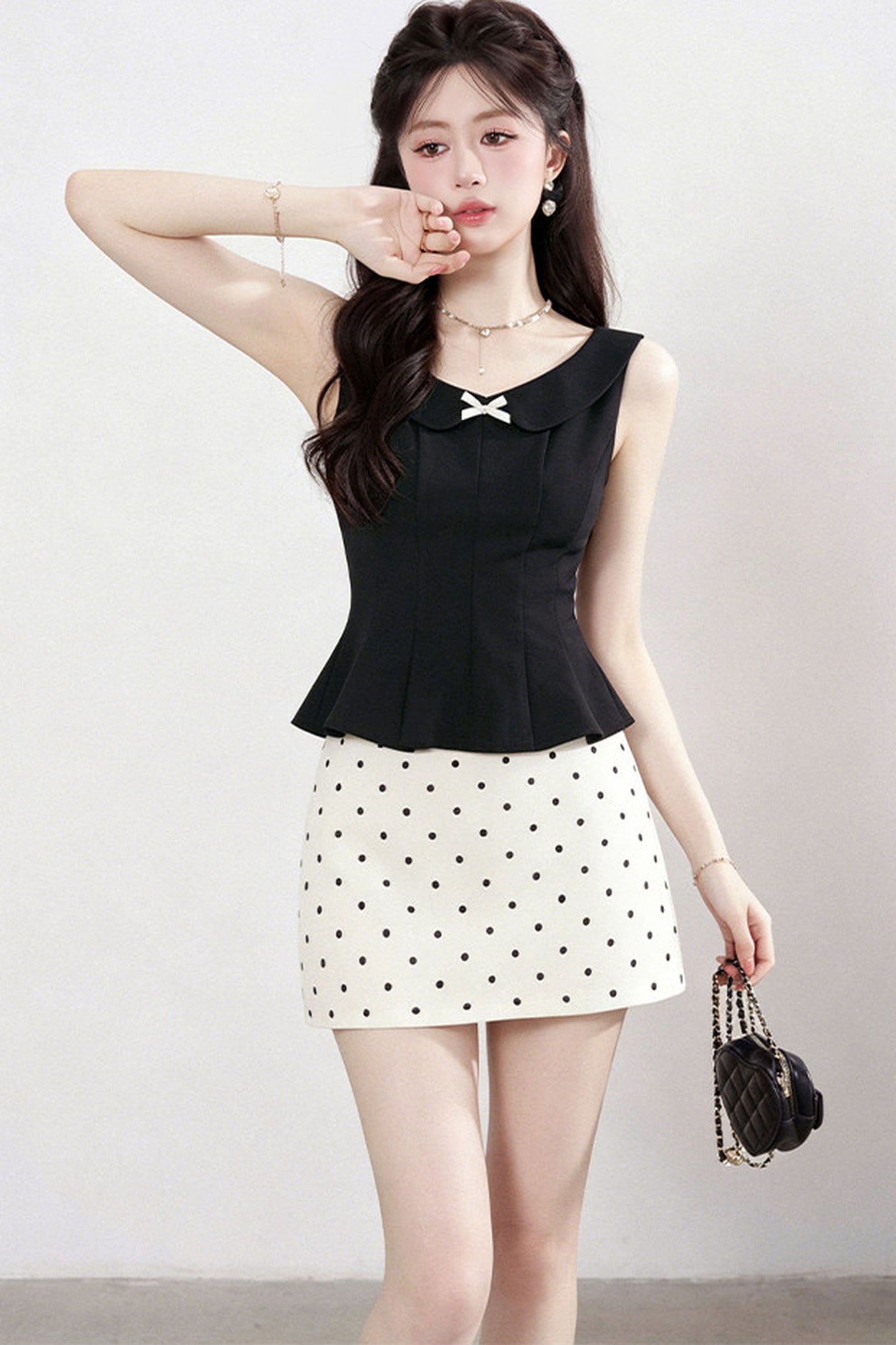 White Sleeveless Shirt and Polka Dot Skirt Set-Up