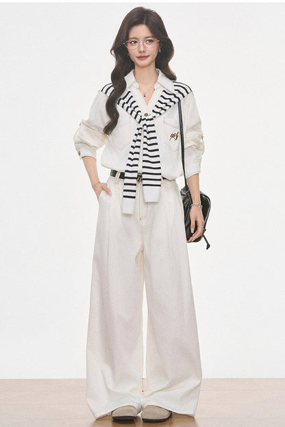 Set aus Jeansoptik-Hemd, weiter Hose und Jacke