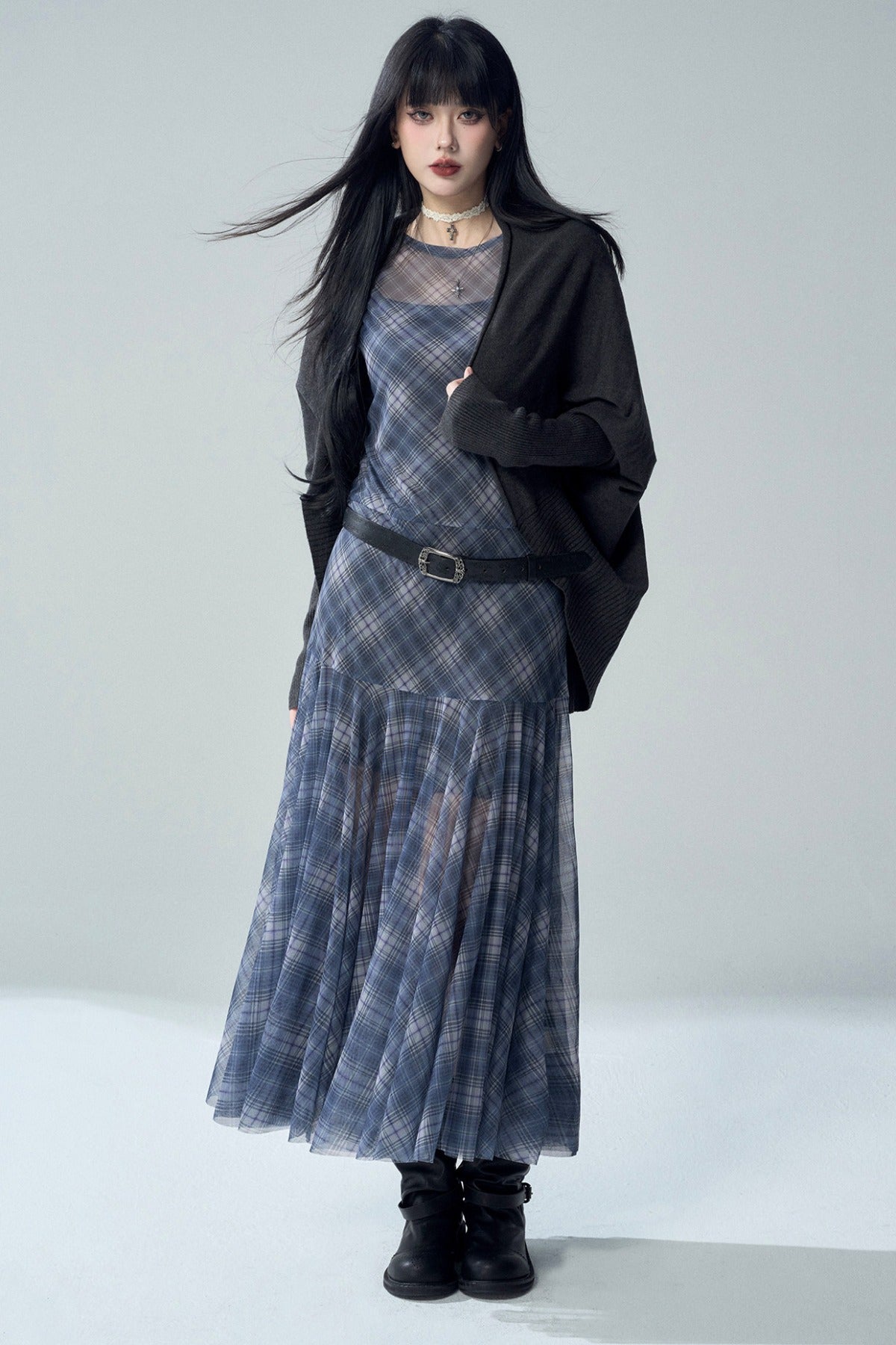 Blue Plaid Long Sleeve Dress Set