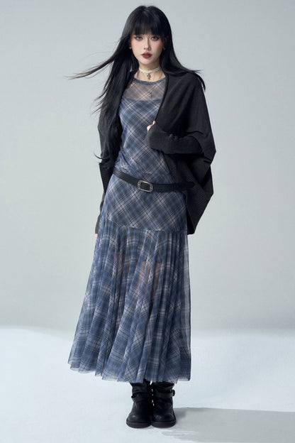 Blue Plaid Long Sleeve Dress Set