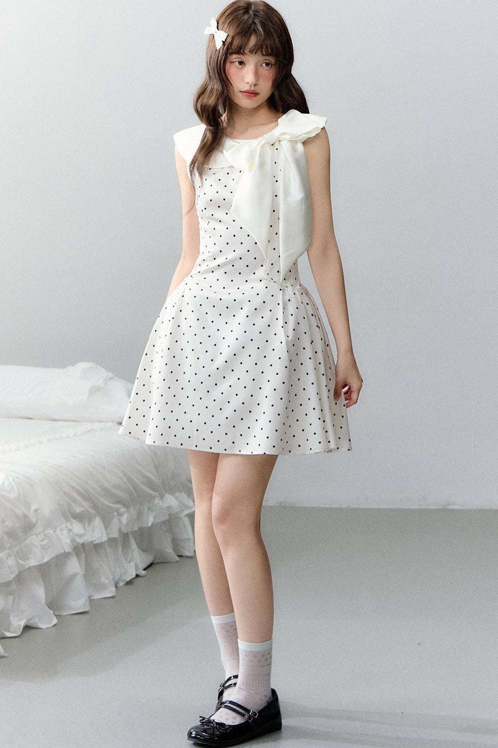Pink Satin Polka Dot Bow Dress
