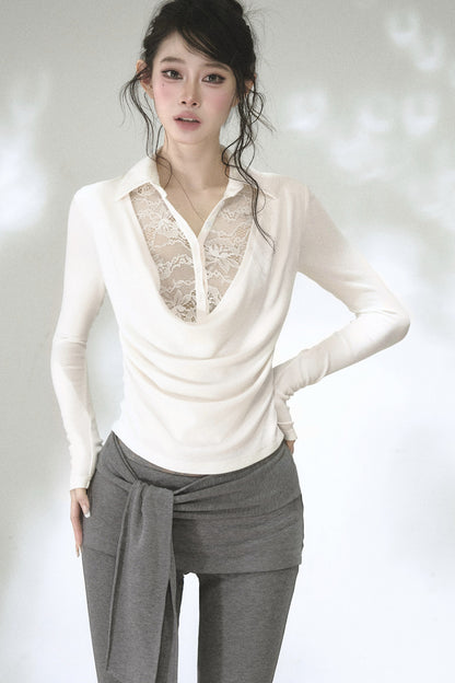 Lace Drape Collar Long-Sleeve Knit Top