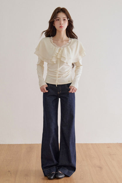 Lace Trim Ruffle Collar Long Sleeve Tee