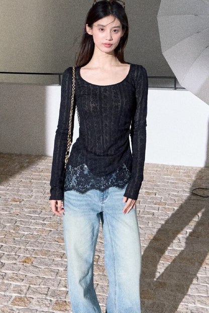 Jacquard Spliced Lace Knit Top