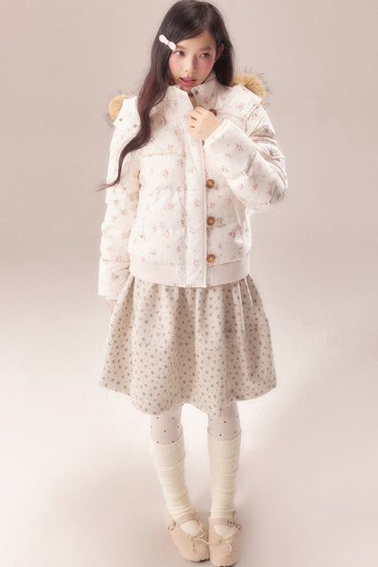 Floral Fur Collar Hooded Toggle Jacket