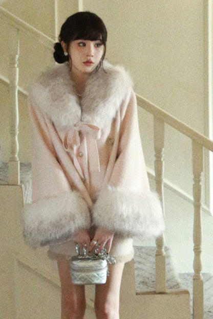 Bow Detail Quilted Woolen Cape Coat