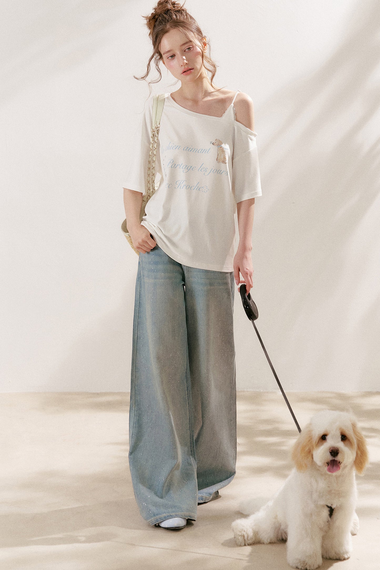 Silver Embellishment Straight Wide-Leg Loose Jeans
