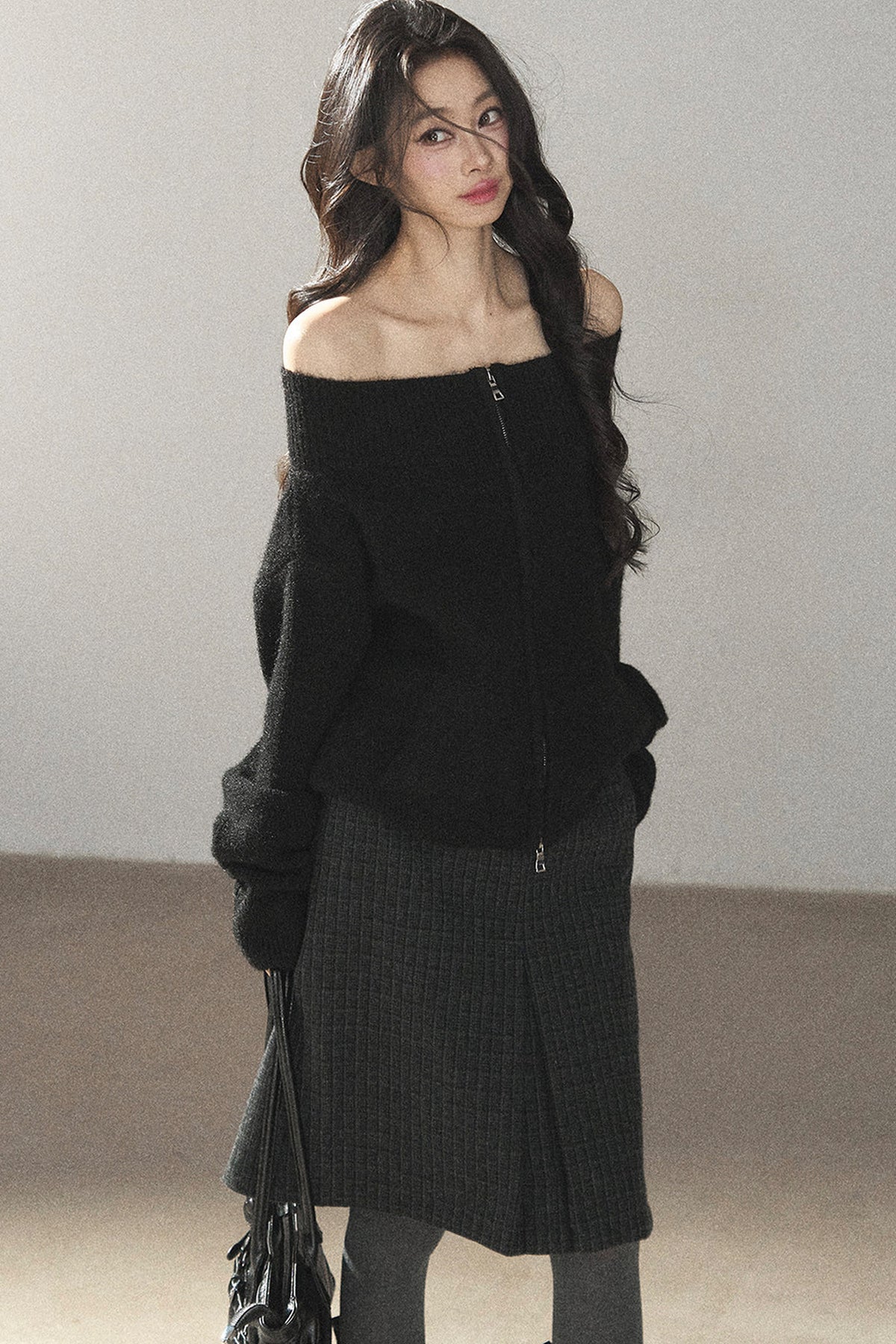 Relaxed Wool Blend Off-Shoulder Double-Zip Jacket