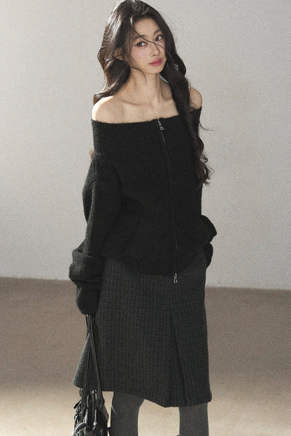 Relaxed Wool Blend Off-Shoulder Double-Zip Jacket