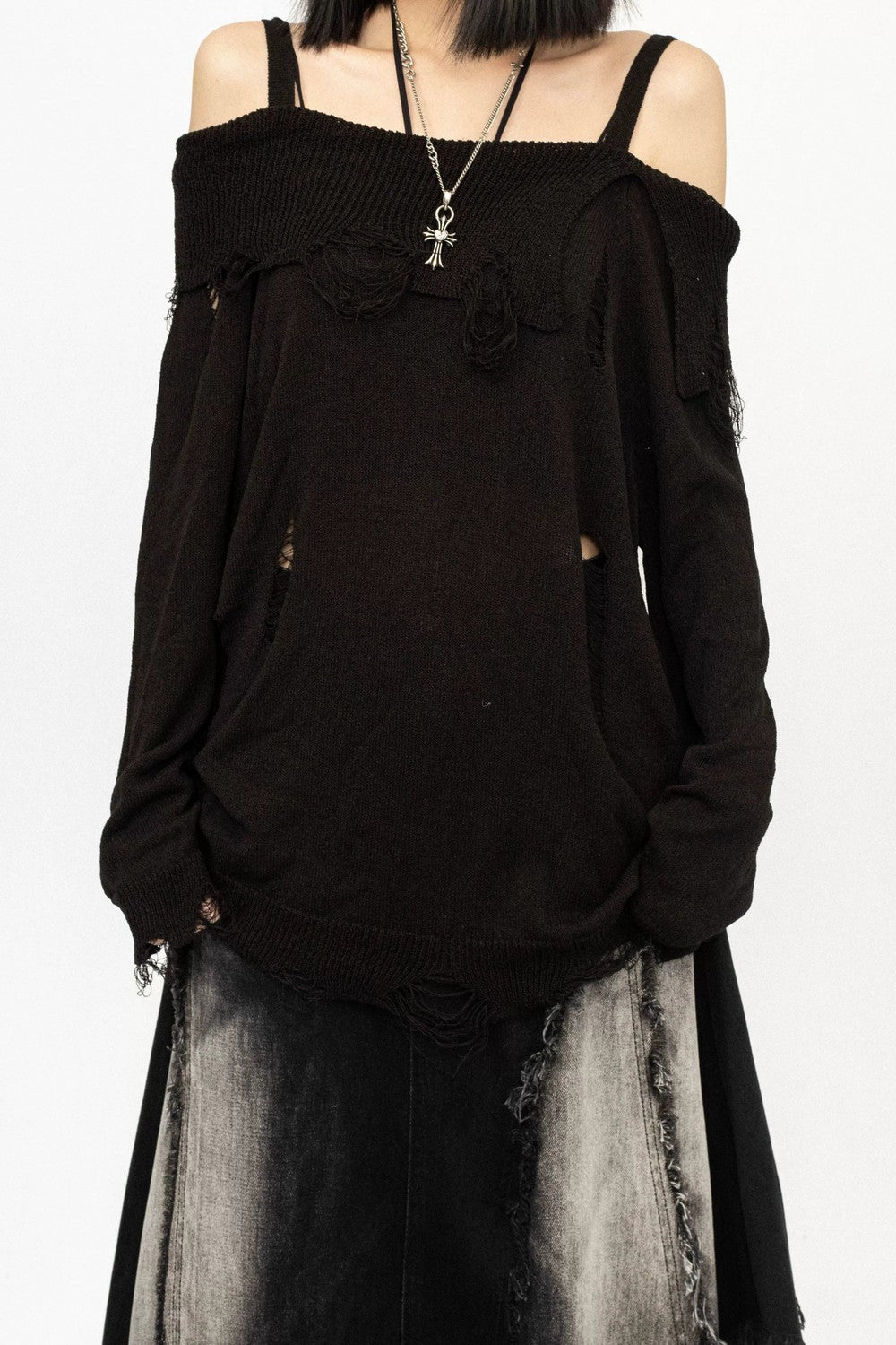Black Off-Shoulder Knit Blouse