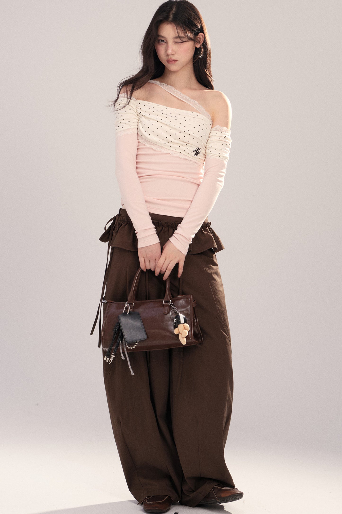Polka Dot Spliced Lace Off-Shoulder T-Shirt
