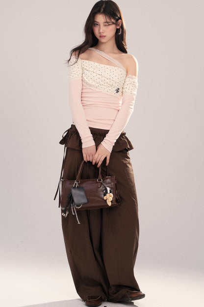 Polka Dot Spliced Lace Off-Shoulder T-Shirt