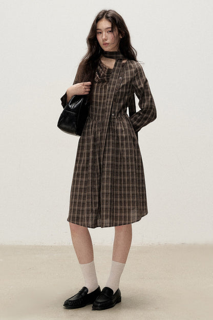 Diagonal Placket Plaid Ribbon Dress