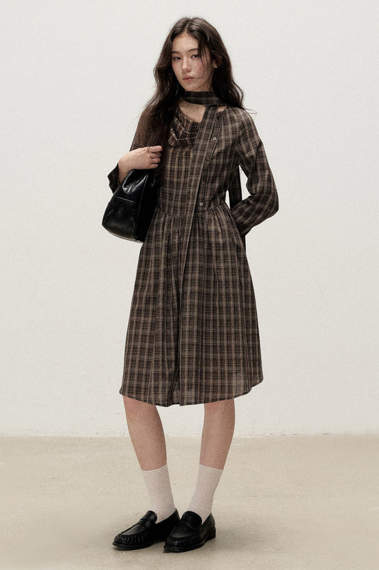 Diagonal Placket Plaid Ribbon Dress