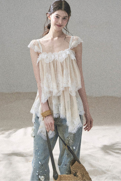 French Irregular Lace Mesh Top Set-Up