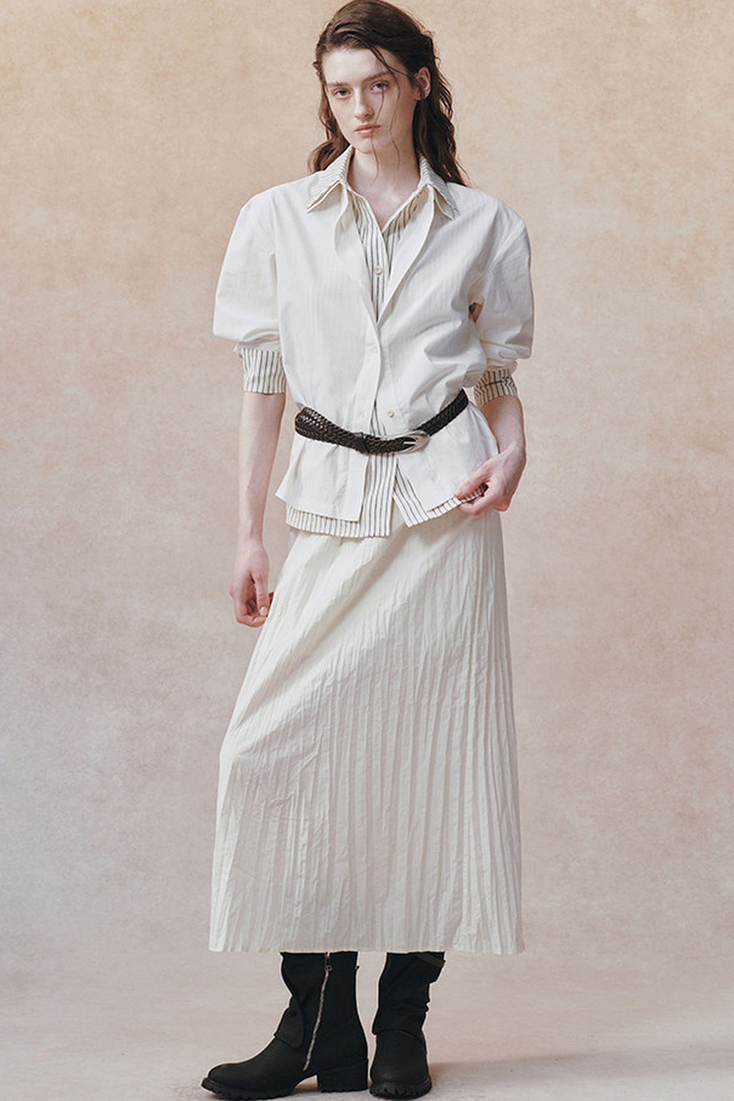 Pleated Stand Collar Shirt and Skirt Set