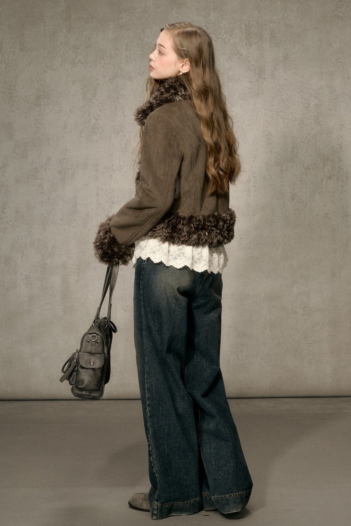 Faux Suede Short Fuzzy Collar Jacket
